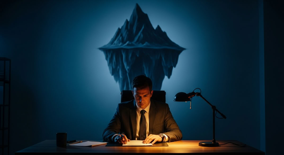 Hombre de negocios preocupado viendo el costo oculto de una mala contratación representado por un iceberg