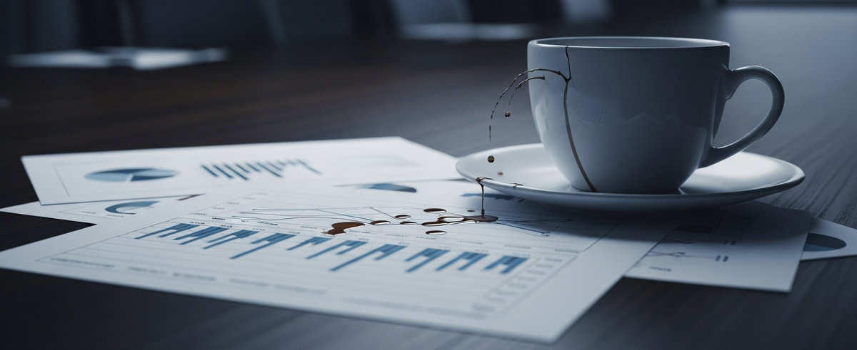 Gráficos financieros con una taza de café derramada simbolizando los costos ocultos que drenan la rentabilidad