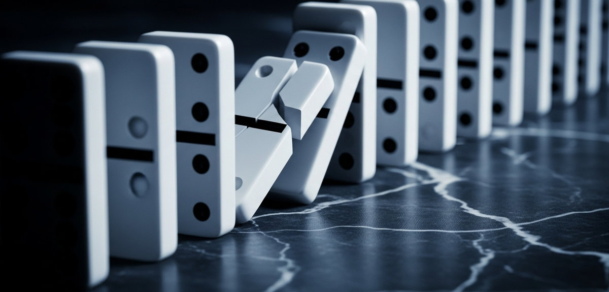 Fichas de dominó cayendo para representar el impacto negativo en la productividad del equipo por un mal empleado