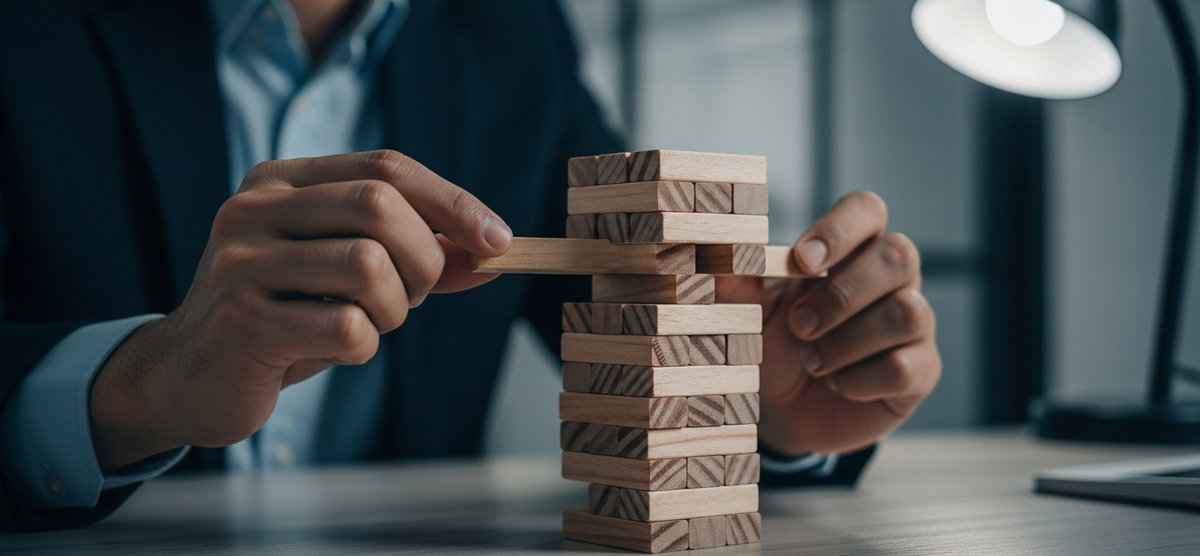 Manos de empresario removiendo cuidadosamente un bloque de una torre de Jenga que se inclina peligrosamente, simbolizando la fragilidad de los equipos pequeños donde cada miembro es crítico para la estabilidad.