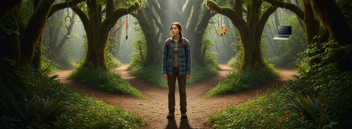 Una joven en un cruce de caminos en un bosque, contemplando diferentes opciones profesionales representadas por símbolos en los senderos.
