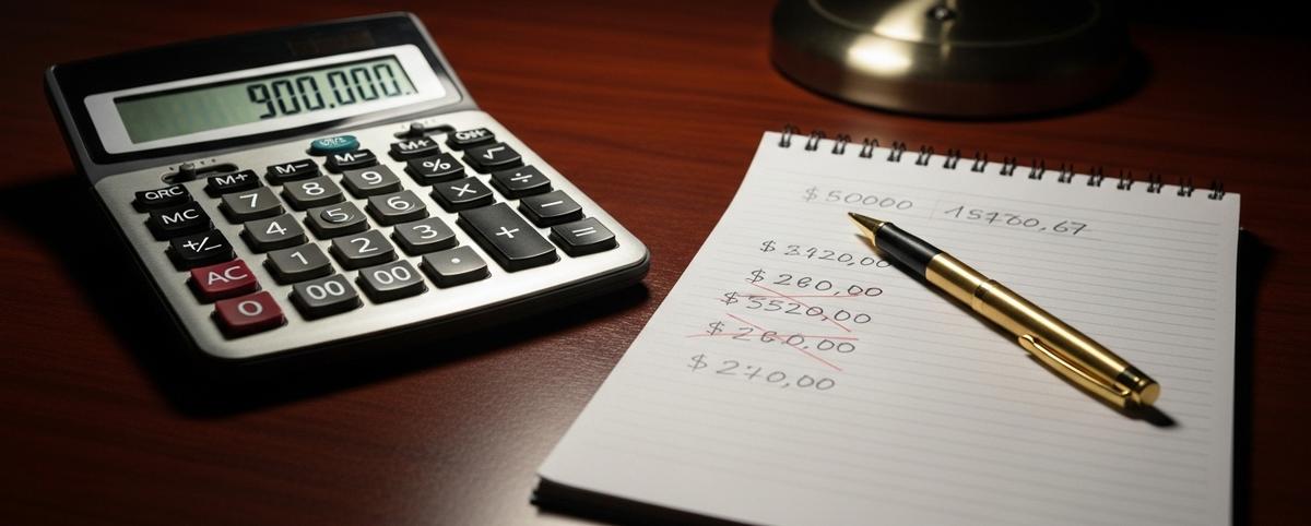  Primer plano de calculadora moderna sobre escritorio de caoba mostrando cifras grandes, junto a libreta con cálculos tachados en tinta roja y pluma dorada abandonada, evocando el peso de las oportunidades perdidas.