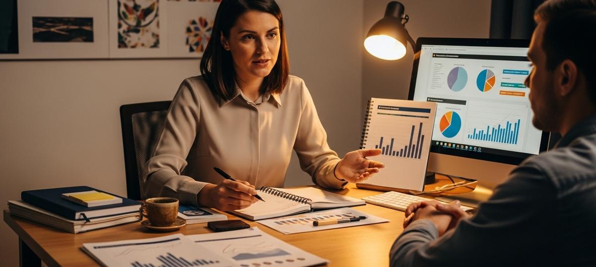 Un orientador vocacional interactuando con un cliente, rodeado de herramientas de evaluación en un ambiente acogedor y colaborativo.