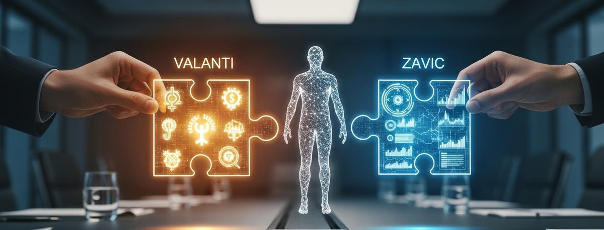 Dos manos profesionales ensamblando un puzzle holográfico tridimensional sobre una mesa de conferencias, donde una pieza dorada (Valanti) y otra azul (Zavic) se unen para formar un mapa luminoso completo de una silueta humana, representando la integración perfecta de ambas evaluaciones.