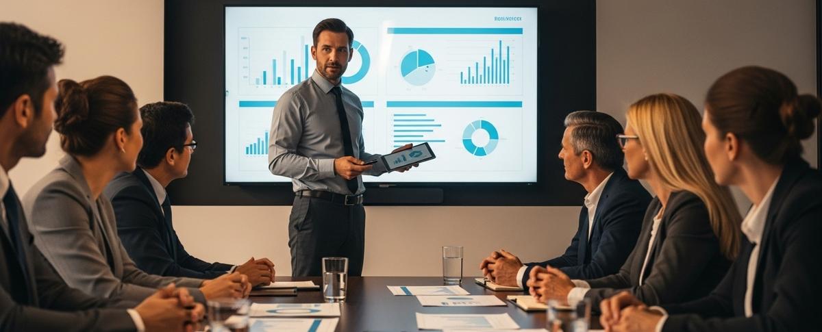 Ejecutivo confiado presentando a stakeholders senior en sala de juntas moderna, gesticulando hacia pantalla con gráficos profesionales, audiencia comprometida inclinándose hacia adelante, documentos en mesa, simbolizando presentación estratégica de datos para promociones.