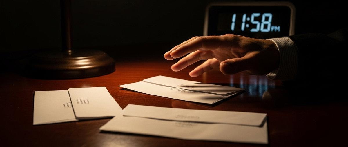 Mano empresarial dudando sobre tres sobres idénticos en una mesa de caoba, con iluminación dramática que simboliza la incertidumbre de las decisiones apresuradas.