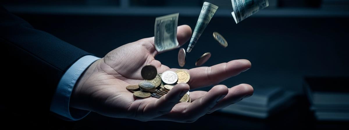 Mano de empresario con dinero cayendo entre los dedos en cámara lenta, simbolizando las pérdidas económicas ocultas de operar con limitaciones profesionales