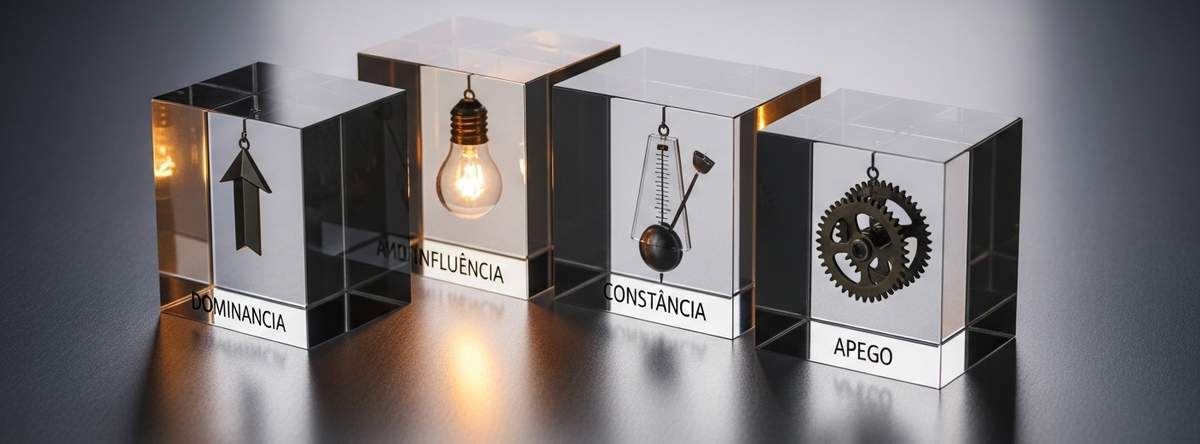 Cuatro cubos de cristal con elementos simbólicos representando los factores DISC: flecha (Dominancia), bombilla (Influencia), péndulo (Constancia) y engranaje (Apego/Cumplimiento).