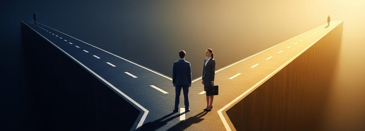 Profesionales en una encrucijada literal donde dos senderos divergen: uno estrecho y oscuro descendiendo hacia las sombras, otro amplio e iluminado ascendiendo hacia un horizonte brillante, simbolizando la decisión que define el futuro profesional.