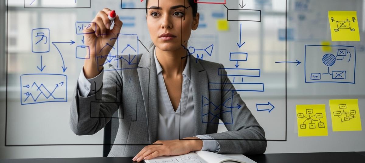 Líder empresarial analizando un complejo mapa de relaciones organizacionales en una pizarra de cristal, con líneas conectoras y notas que revelan patrones ocultos de conflictos interpersonales, mientras sostiene un marcador rojo tras descubrir conexiones clave.