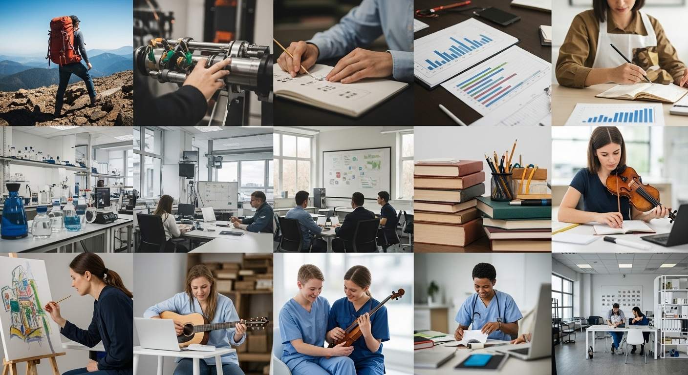  Un collage de diez áreas de preferencia vocacional representadas por escenas que simbolizan diferentes profesiones y actividades.