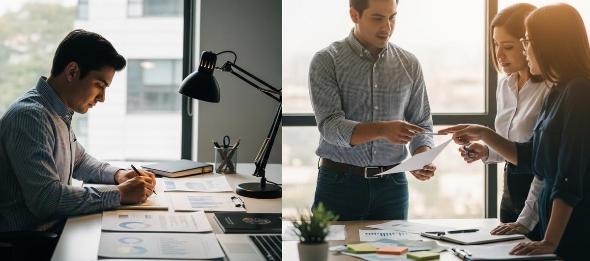 Composición dividida mostrando a un empleado trabajando solo en su escritorio organizado versus una persona compartiendo conocimientos con colegas en un ambiente colaborativo, ilustrando la diferencia entre optimización individual y elevación del ecosistema de trabajo.