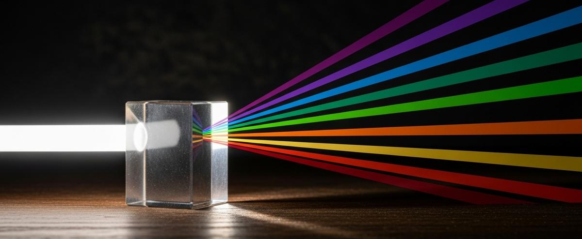 Un prisma de cristal descompone un rayo de luz blanca en nueve rayos de colores distintos, representando las nueve dimensiones clave del Inventario de Personalidad para Vendedores que evalúan diferentes aspectos del talento comercial.