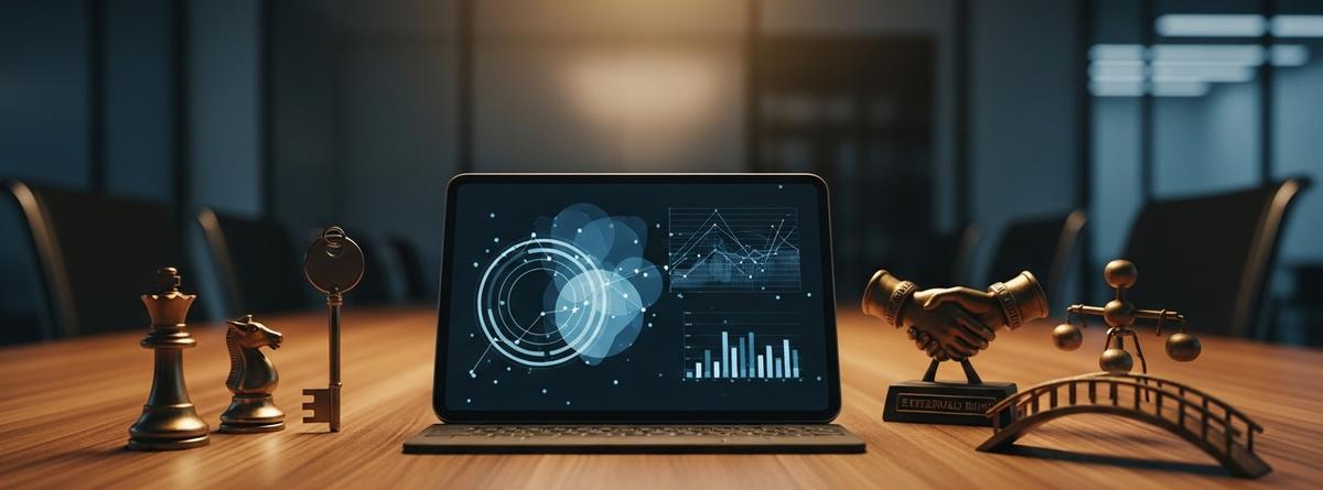 Tablet con visualizaciones de datos en el centro de una mesa de juntas, rodeada de objetos simbólicos como piezas de ajedrez, llaves y figuras que representan diferentes escenarios empresariales de aplicación.