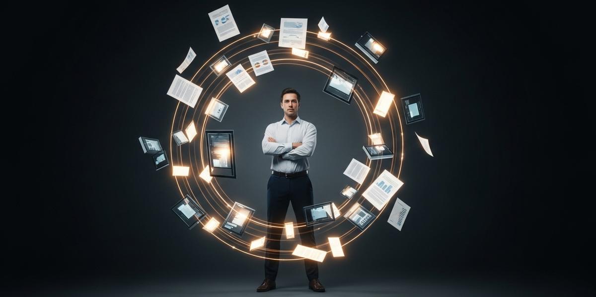 Consultor profesional de pie con confianza en el centro de una constelación circular de herramientas de evaluación iluminadas que orbitan a su alrededor, simbolizando la transformación hacia un consultor integral.