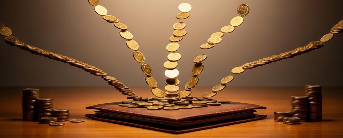 Escritorio sofisticado con múltiples corrientes de monedas doradas fluyendo en arcos elegantes hacia un portafolio de cuero abierto en el centro, simbolizando las estrategias avanzadas de monetización.