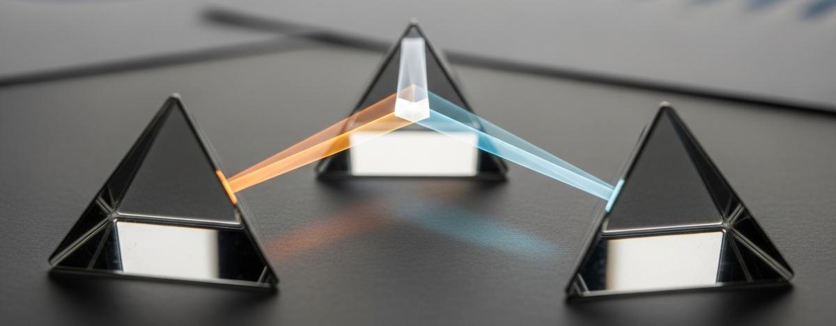 Tres prismas de cristal elegantes dispuestos en formación triangular con haces de luz de diferentes colores pasando a través de cada uno y convergiendo en punto central brillante, simbolizando la triangulación de evaluaciones multi-fuente para objetividad.