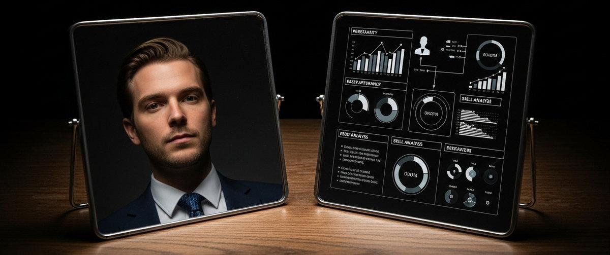 Dos espejos lado a lado: uno muestra un retrato perfecto, el otro revela gráficos de personalidad y datos, simbolizando la diferencia entre apariencia y evaluación profunda.