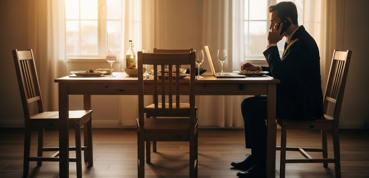 Mesa familiar con sillas vacías y comida fría, mientras un empresario trabaja solo, simbolizando el costo personal del exceso de trabajo.