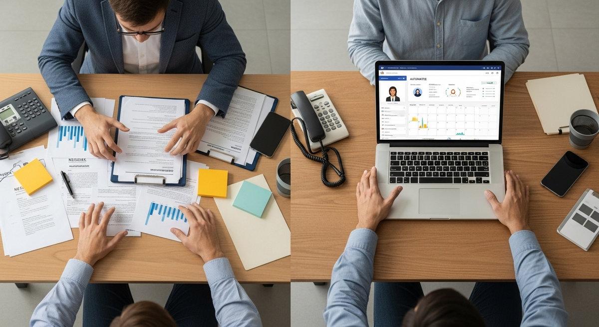 Comparación lado a lado del mismo escritorio y persona: izquierda muestra caos manual con papeles dispersos, derecha muestra orden digital con dashboard automatizado y postura relajada.