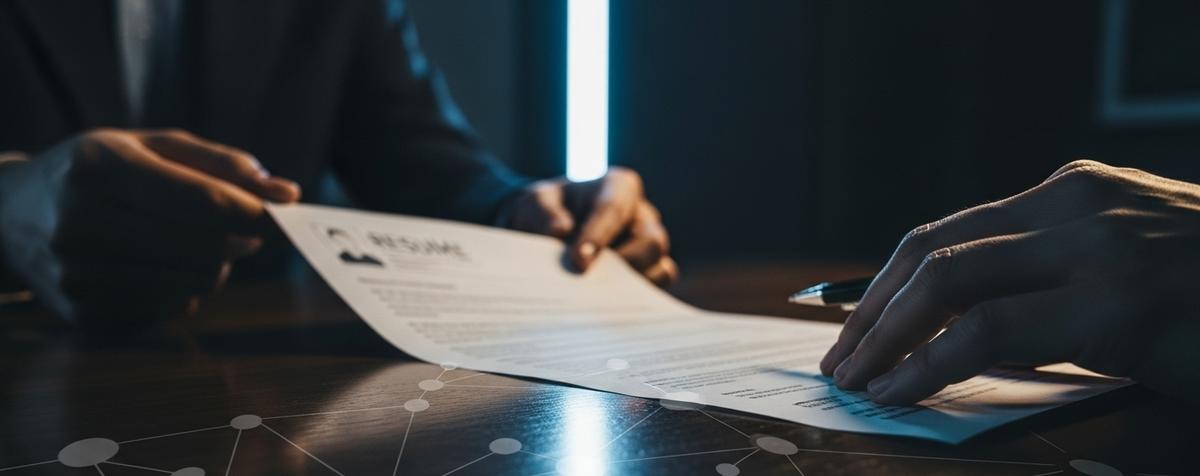 Manos de un gerente de contratación revisando un currículum sobre una mesa de madera pulida, donde el reflejo de la superficie revela una red translúcida de conexiones, simbolizando los valores ocultos que no se ven a simple vista pero que determinan el éxito.