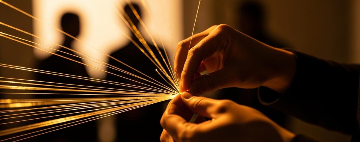 Primer plano de manos profesionales conectando delicadamente cables de fibra óptica dorados que se extienden hacia siluetas humanas difusas, simbolizando la inteligencia emocional como multiplicador del talento del equipo.