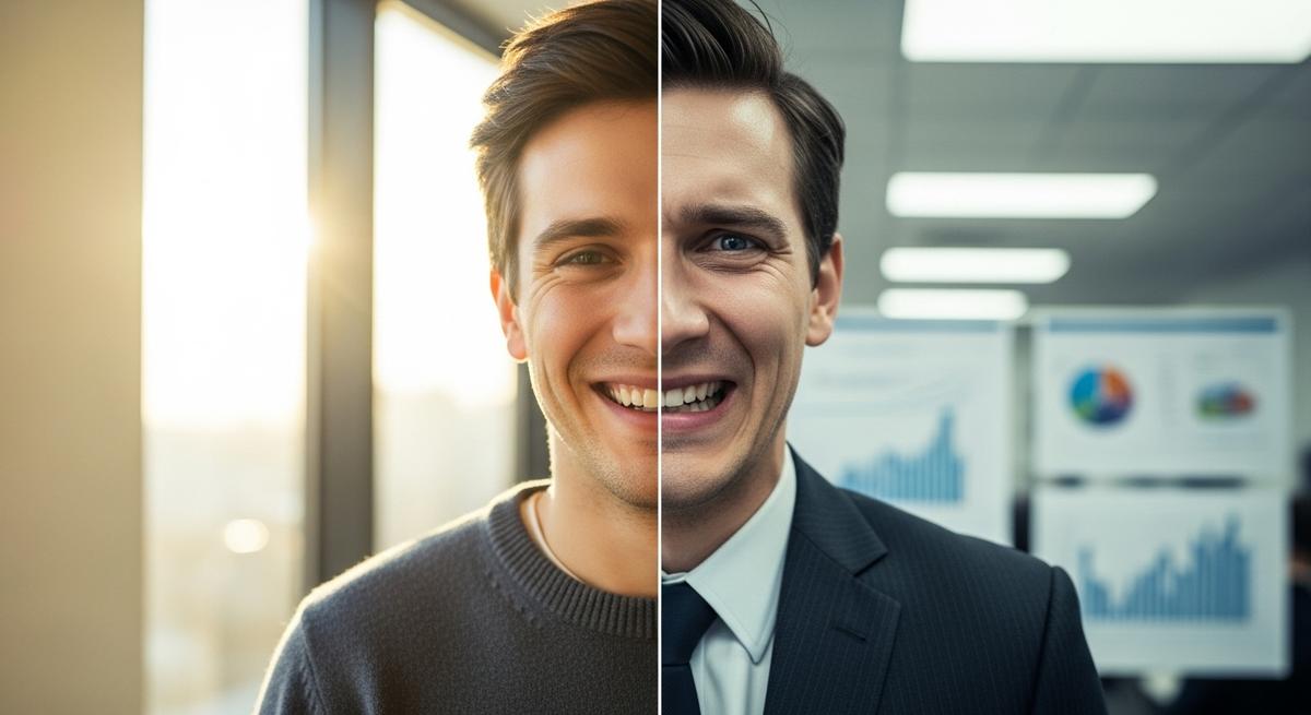 Retrato dividido del mismo profesional mostrando dos versiones: relajado y auténtico en un lado, y tenso con estrés visible en el otro, representando la brecha entre el perfil natural y el adaptado del Test Cleaver.