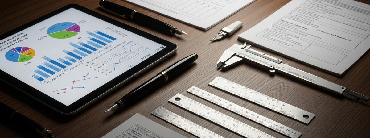 Conjunto elegante de herramientas empresariales premium organizadas sobre madera oscura: tablet con gráficos, pluma estilográfica, instrumentos de medición y materiales de evaluación, simbolizando el arsenal del gerente basado en datos.