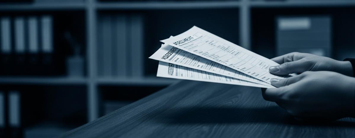 Primer plano de manos profesionales sosteniendo solo tres formularios de evaluación simples sobre un escritorio oscuro, mientras al fondo se ven borrosos estantes llenos de herramientas inaccesibles, simbolizando la limitación profesional.