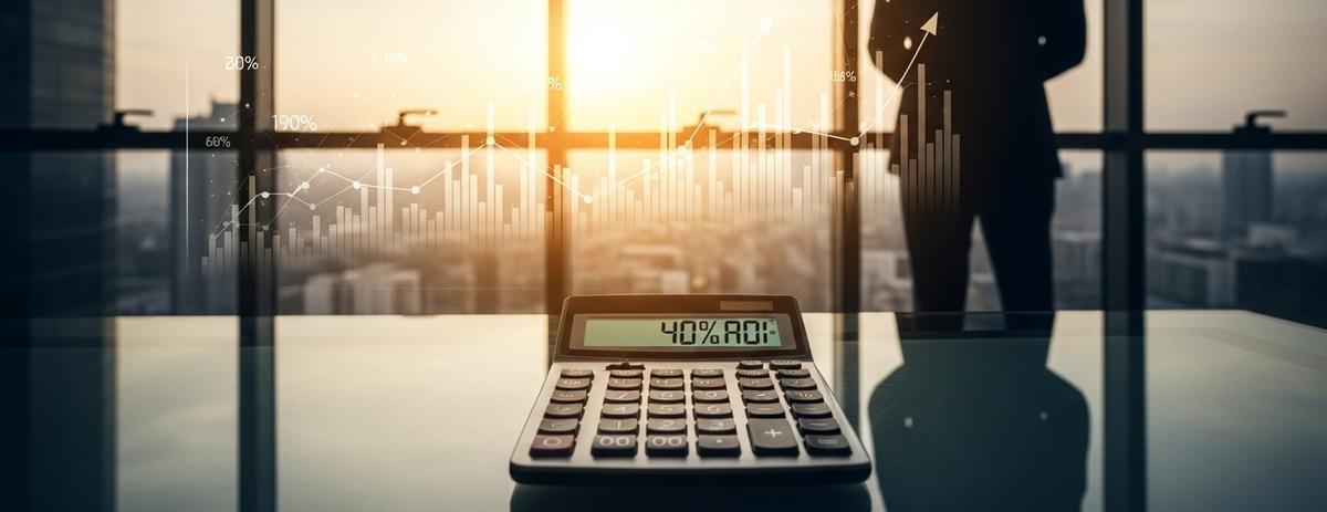 Un ejecutivo de negocios parado frente a una ventana con vista a la ciudad durante la hora dorada, con una calculadora elegante mostrando "40% ROI" en primer plano, mientras gráficos de tendencias positivas se reflejan sutilmente en el cristal de la ventana, simbolizando el retorno de inversión en evaluación cultural.