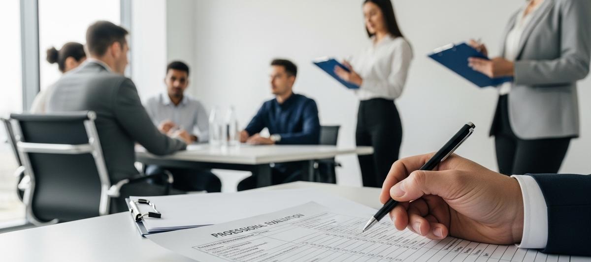 Sala de conferencias moderna donde se desarrolla una evaluación estructurada, con formularios de evaluación detallados en primer plano y candidatos participando en ejercicios grupales observados por evaluadores profesionales, representando las metodologías objetivas de identificación de potencial.