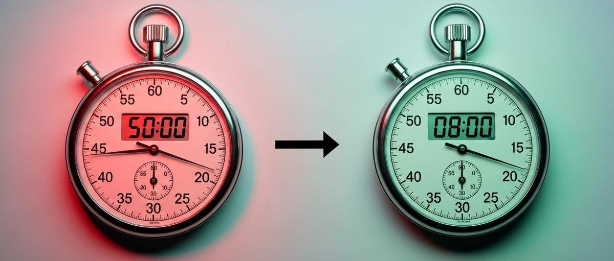 Dos cronómetros mostrando 50:00 horas (iluminado en rojo) y 08:00 horas (iluminado en verde) con flecha entre ellos, visualizando la reducción dramática de tiempo.