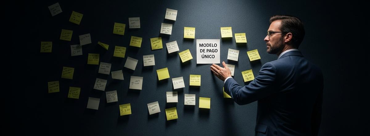 Un consultor frente a una pared caótica de notas de precios, simbolizando el dilema financiero de elegir modelos de precios.