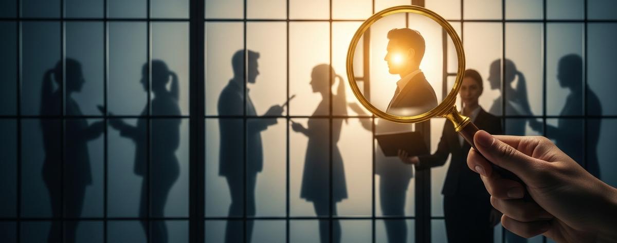 Consultor profesional usando una lupa especial que revela con claridad cristalina los perfiles detallados de personas que aparecen borrosas detrás de paneles de vidrio, simbolizando la capacidad de ver el potencial humano que otros no pueden percibir mediante la integración de herramientas psicométricas.