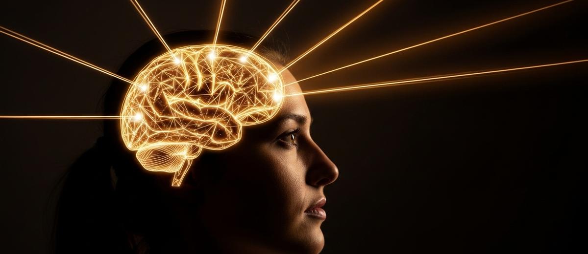 Perfil de una persona profesional con ocho haces de luz dorada iluminando diferentes áreas del cerebro, representando las ocho aptitudes cognitivas específicas que mide el DAT.