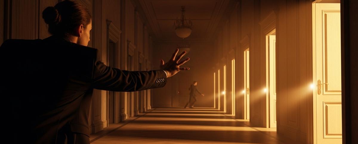 Profesional extendiendo la mano hacia múltiples puertas que se cierran en un pasillo elegante, con luz dorada filtrándose por detrás, simbolizando las oportunidades de negocio que se pierden por tener un catálogo limitado.