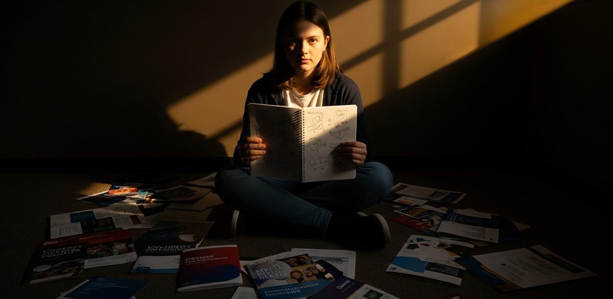 Un joven rodeado de folletos universitarios en penumbra, pero iluminado por un rayo de luz dorada mientras sostiene un cuaderno con notas claras, simbolizando el paso de la confusión vocacional hacia la claridad y el autoconocimiento.
