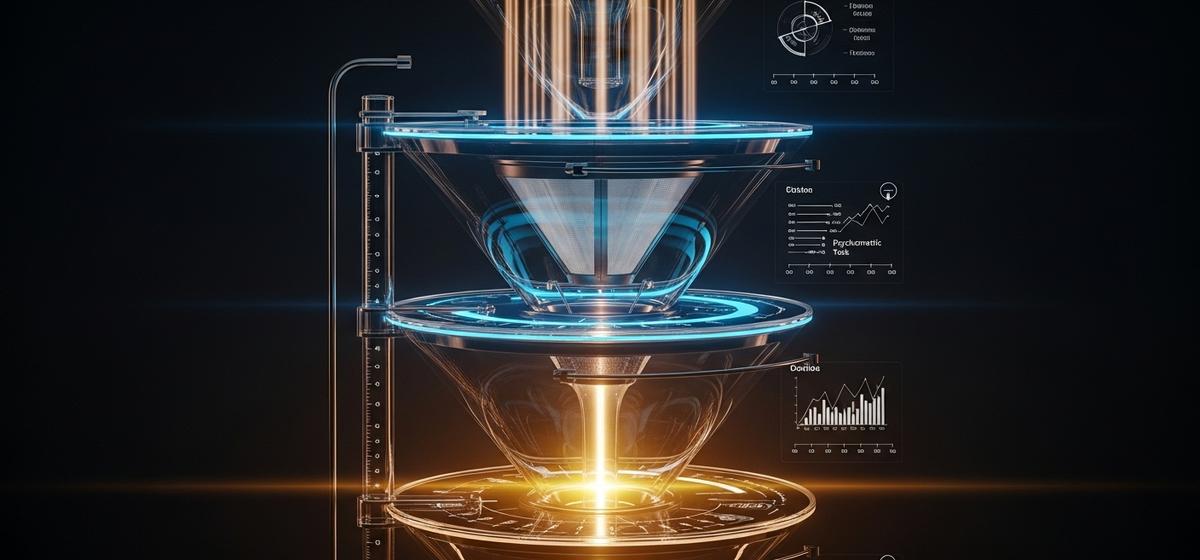 Sistema de embudo de vidrio de tres niveles con mecanismos de filtrado sofisticados, donde múltiples flujos de luz convergen y se refinan hasta producir un haz concentrado de luz dorada, simbolizando cómo el pipeline integrado combina múltiples metodologías para identificar el potencial de liderazgo.