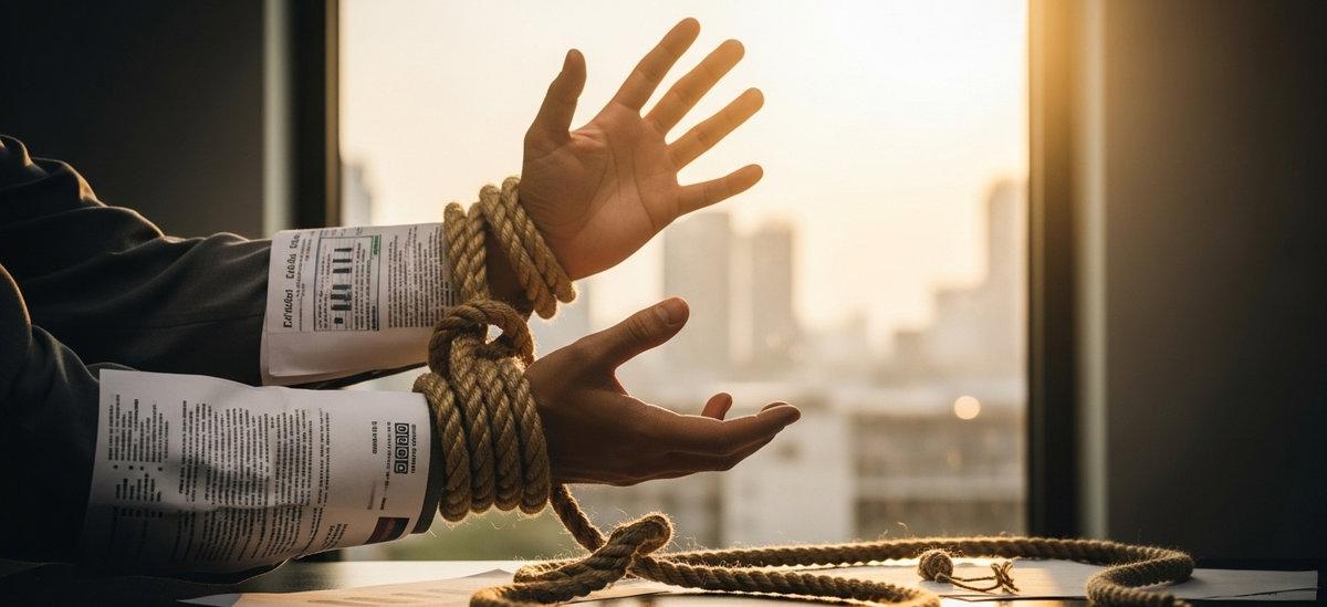 Manos empresariales liberándose de cuerdas hechas de papeles, alcanzando hacia ventana con luz dorada, simbolizando la liberación para el crecimiento.