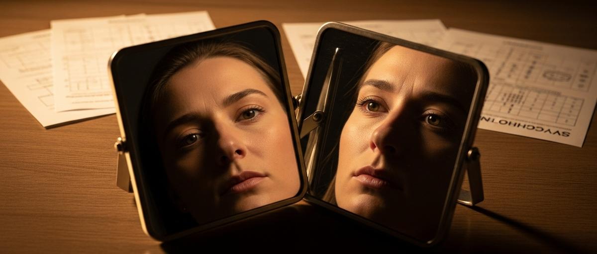 Dos espejos profesionales reflejando diferentes expresiones de la misma persona, simbolizando la capacidad del Test Cleaver para revelar tanto el comportamiento natural como el adaptado en el ámbito laboral.