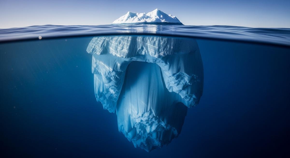 Imagen dividida de un iceberg mostrando la pequeña punta visible sobre el agua y la masiva estructura cristalina oculta bajo la superficie, simbolizando cómo los rasgos de personalidad visibles en entrevistas son mínimos comparados con la arquitectura psicológica profunda que predice el éxito en ventas.