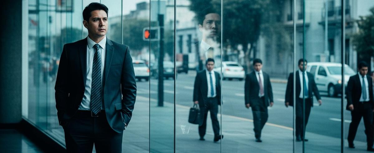 Consultor profesional observando desde una ventana de oficina a empresarios caminando con propósito en la calle, representando la realidad competitiva del mercado actual y la sensación de quedarse atrás.