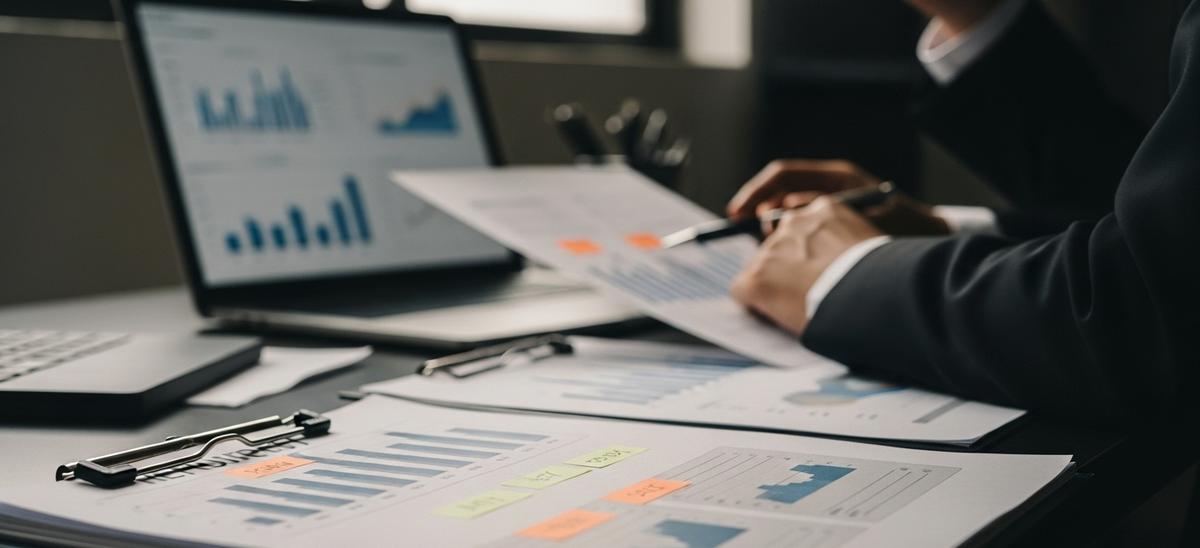 Un informe bien organizado sobre un escritorio, mientras un profesional revisa los datos en una computadora, simbolizando claridad y profesionalismo.