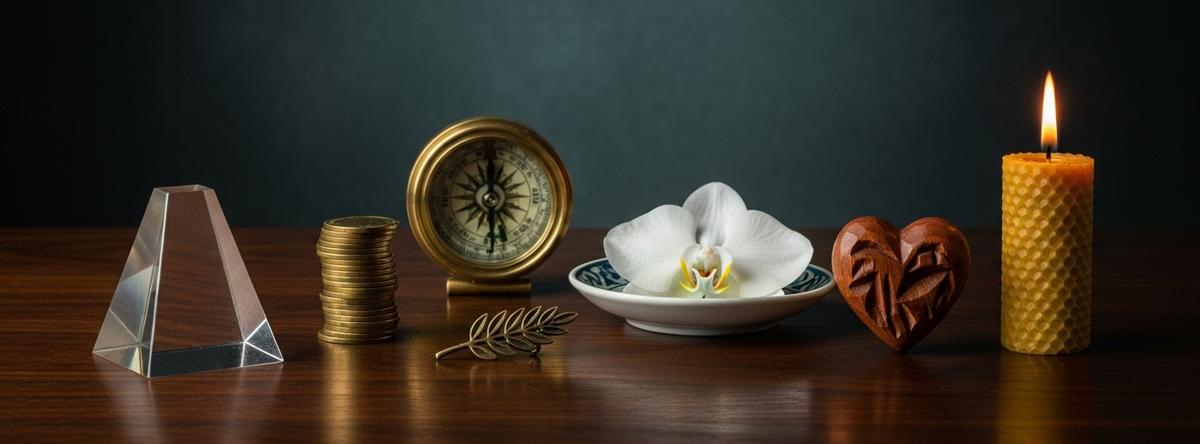 Bodegón de seis objetos refinados —prisma, monedas, orquídea, corazón de madera, laurel y vela— que representan los valores éticos medidos por Valanti.