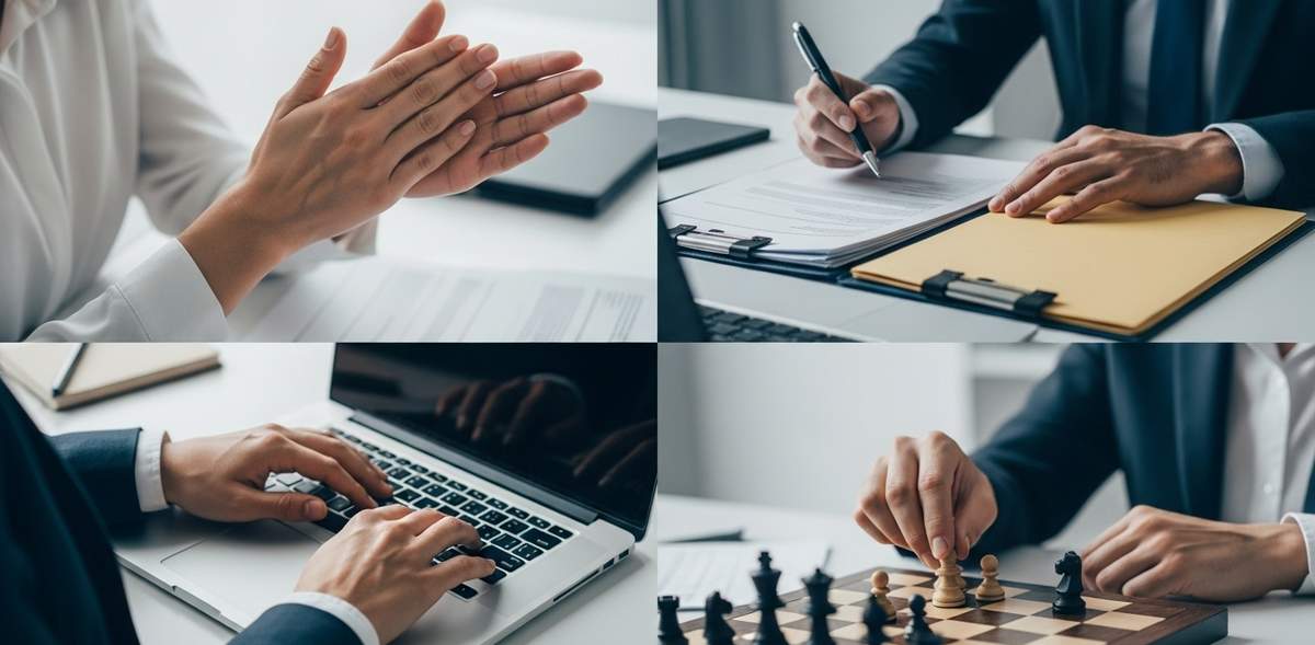 Cuatro pares de manos en un entorno de oficina moderna, cada par realizando una actividad laboral distinta: aplaudiendo, organizando documentos, escribiendo en laptop y moviendo piezas de ajedrez, representando las diferentes motivaciones laborales que evalúa el test Zavic, sin texto visible en la imagen.