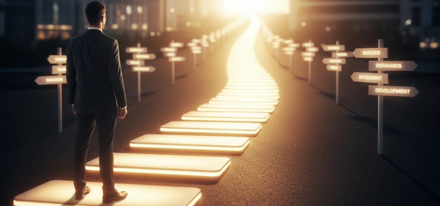 Profesional de pie al inicio de un sendero iluminado compuesto por piedras brillantes que se extiende hacia un horizonte dorado, simbolizando las trayectorias de desarrollo personalizadas basadas en aptitudes DAT.