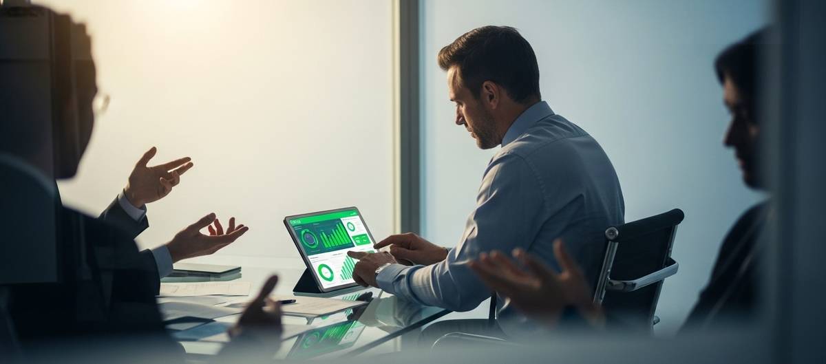 Ejecutivo corporativo concentrado en KPIs perfectos en su tablet, mientras tras un cristal esmerilado se ven siluetas borrosas de personas en intensa discusión, simbolizando la realidad humana oculta tras las métricas.