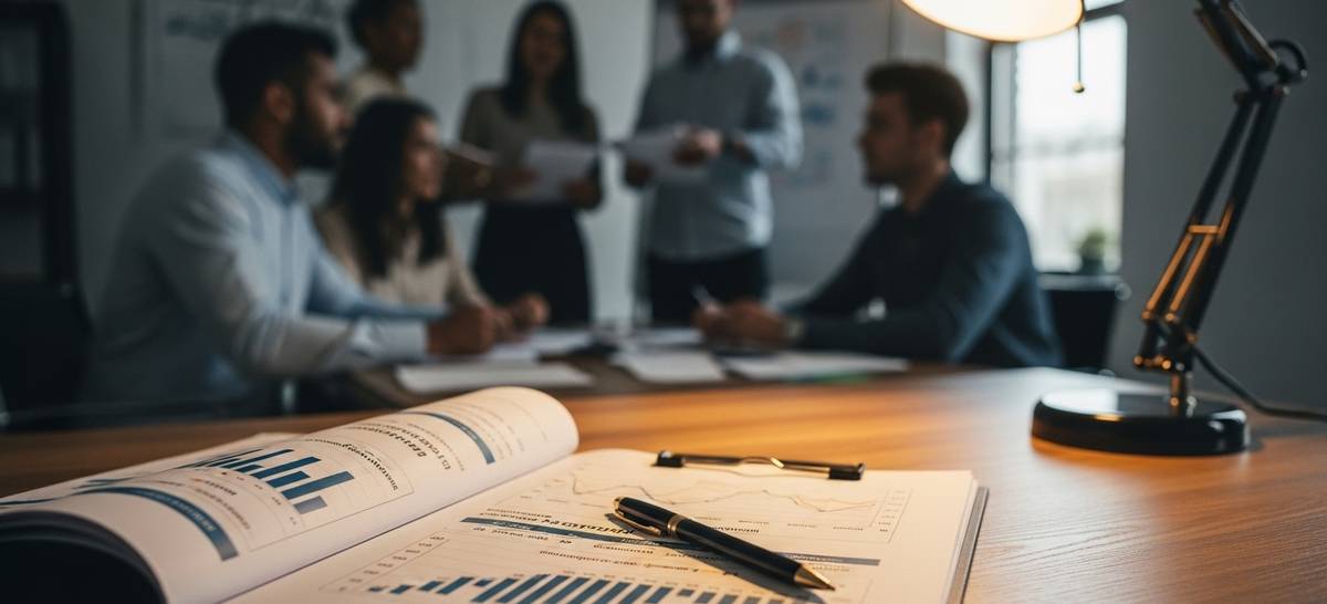 Reporte de evaluación psicométrica abierto sobre escritorio de madera iluminado por lámpara cálida, con gráficos sofisticados de perfiles de personalidad, mientras en el fondo desenfocado un equipo diverso colabora naturalmente, simbolizando cómo los datos científicos potencian la comprensión humana.