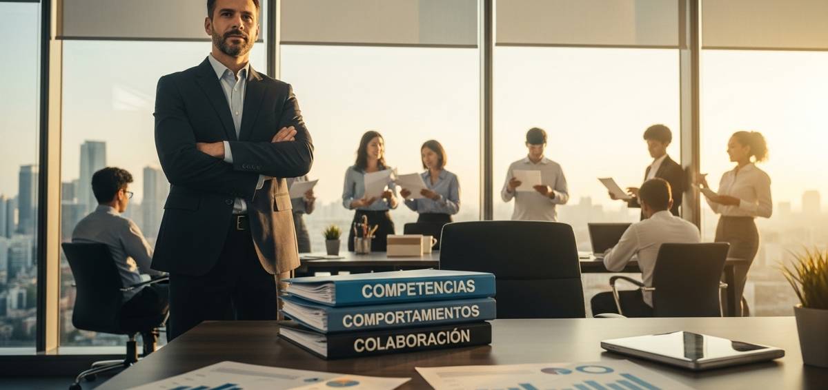 El mismo líder empresarial ahora de pie junto a ventanas amplias sosteniendo reporte de "Resultados - 6 meses", con las carpetas de evaluación completadas detrás de él, mientras observa a su equipo completamente transformado trabajando en armonía perfecta bajo luz dorada, con gráficos de mejora visible en primer plano.